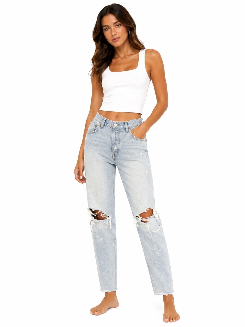 Levi's Paint Splatter Distressed Straight-Leg Jeans | 27 | Light Wash